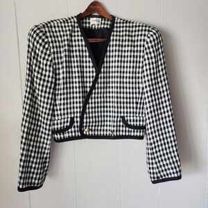 Vintage 1980s Neiman Marcus Houndstooth Blazer Size 12 Black White Equestrian